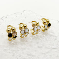 Classic white black bead pattern open hoop stainless steel earrings