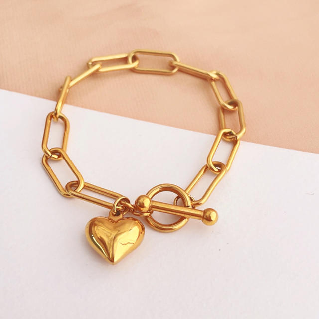 Gold color heart charm paperclip chain toggle bracelet stainless steel bracelet