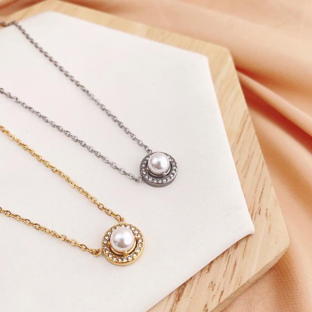 Korean fashion pearl bead shiny rhinestone dainty stainless steel necklace