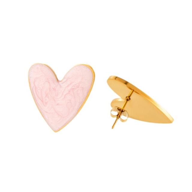 Sweet pink color enamel heart stainless steel earrings collection