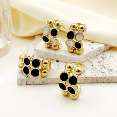 Classic white black bead pattern open hoop stainless steel earrings