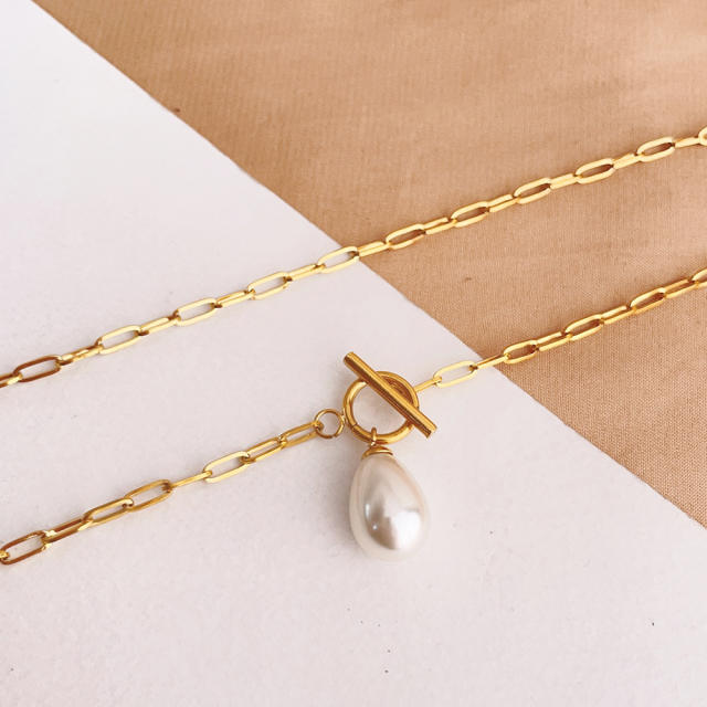 Elegant pearl drop paperclip chain stainless steel necklace toggle necklace