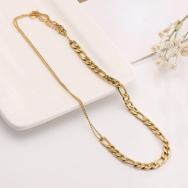 Korean fashion personality figaro chain beaded chain stainless steel Asymmetric necklace