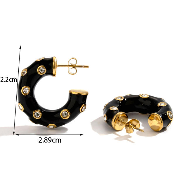 Occident fashion black enamel diamond stainless steel earrings huggie earrings