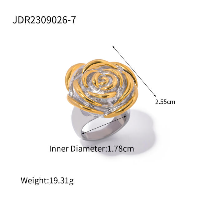 18KG personality two tone rose flower stainless steel finger rings