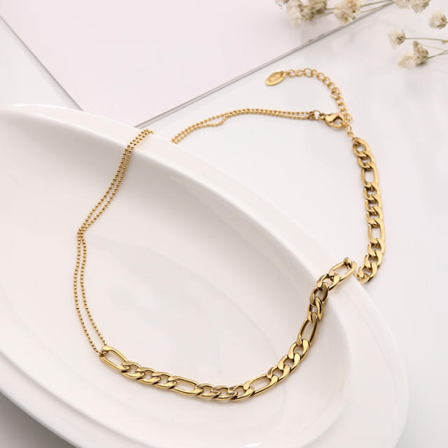Korean fashion personality figaro chain beaded chain stainless steel Asymmetric necklace