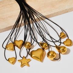 Chunky gold color heart ball bead drop pendant wax line stainless steel necklace