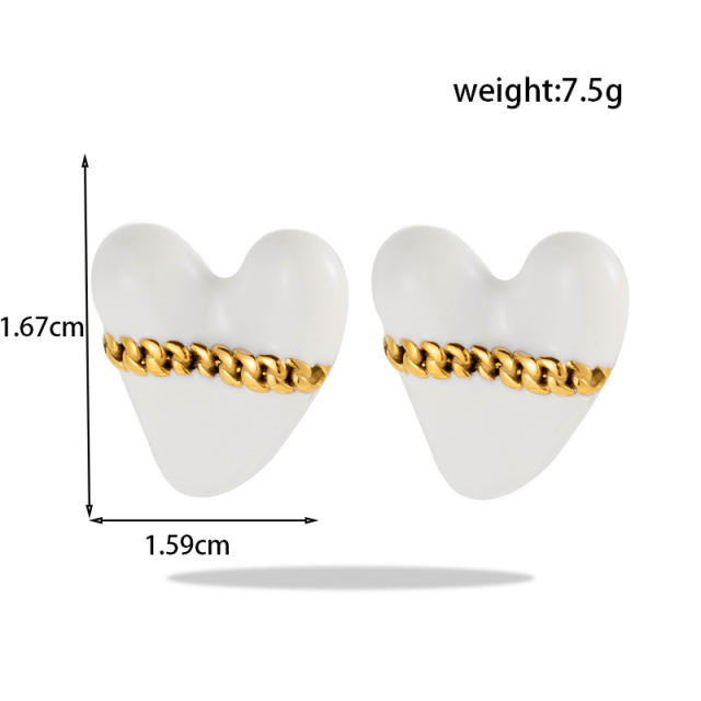 Elegant white color enamel heart geometric shape stainless steel earrings collection