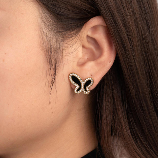 Sweet black color butterfly heart stainless steel earrings