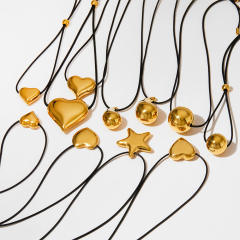 Chunky gold color heart ball bead drop pendant wax line stainless steel necklace