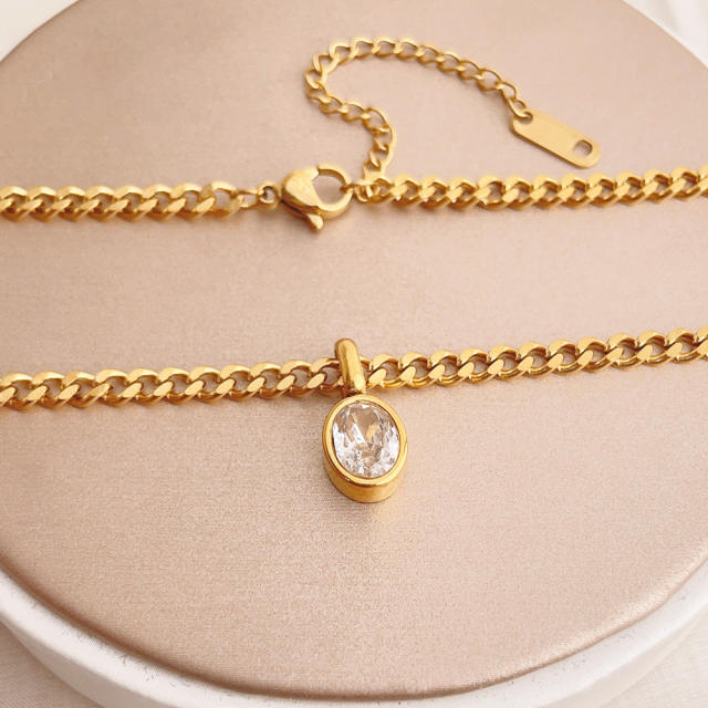 Chic round cubic zircon pendant stainless steel chain necklace