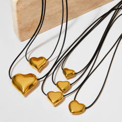 Chunky gold color heart ball bead drop pendant wax line stainless steel necklace