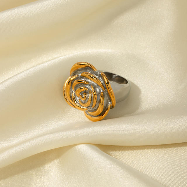 18KG personality two tone rose flower stainless steel finger rings