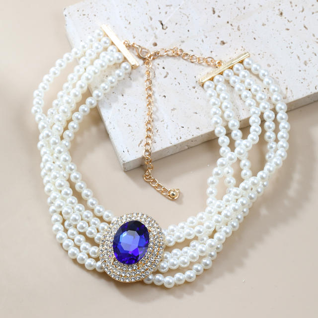 Elegant pearl bead strand colorful oval glass crystal women choker necklace