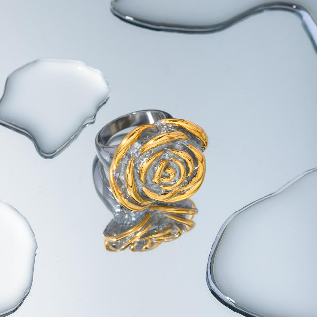 18KG personality two tone rose flower stainless steel finger rings