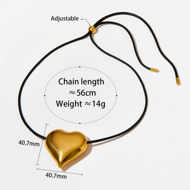 Chunky gold color heart ball bead drop pendant wax line stainless steel necklace