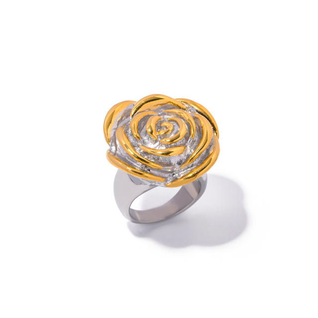 18KG personality two tone rose flower stainless steel finger rings