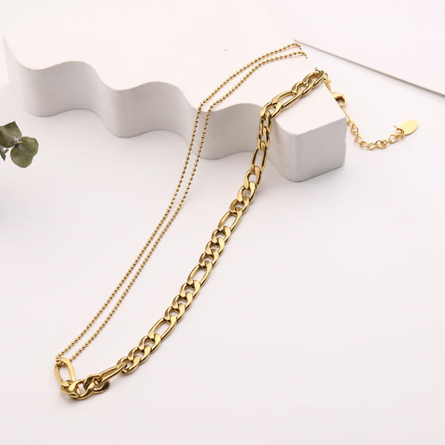 Korean fashion personality figaro chain beaded chain stainless steel Asymmetric necklace