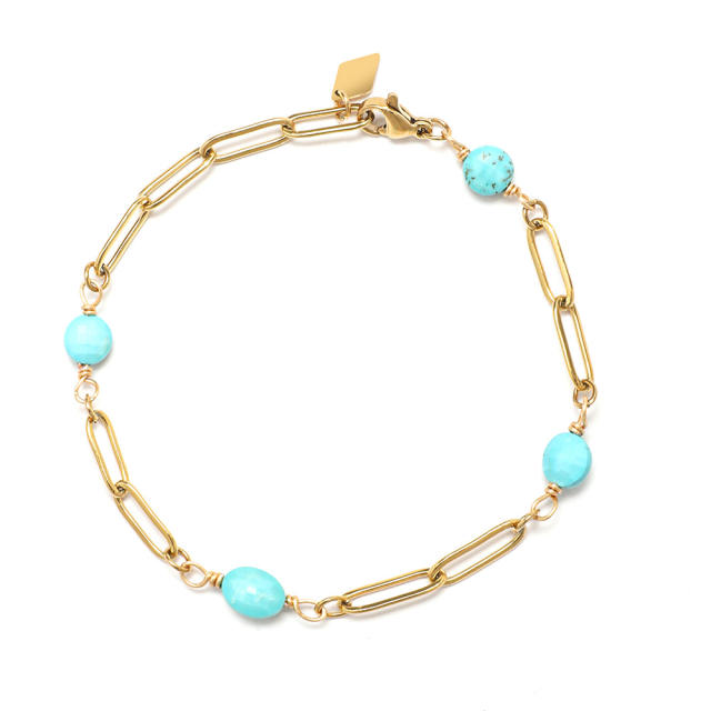 Chic natural stone bead stainless steel chain women bracelet