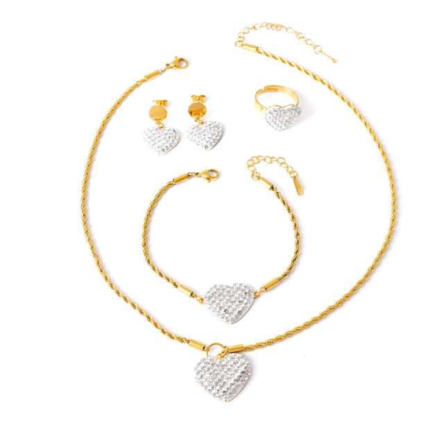 Hot sale diamond bear heart buckle charm cuban link chain stainless steel necklace set