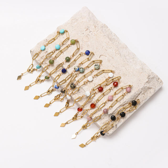 Chic natural stone bead stainless steel chain women bracelet