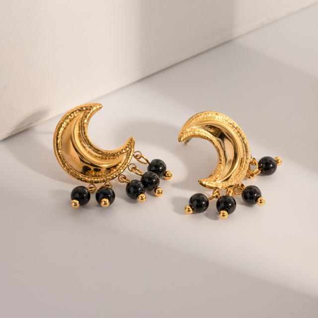 18KG personality moon design black white crystal bead stainless steel earrings