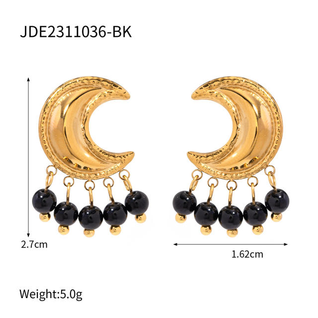 18KG personality moon design black white crystal bead stainless steel earrings