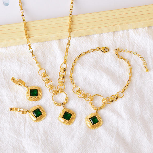 Vintage geometric square charm emerald statement stainless steel necklace set