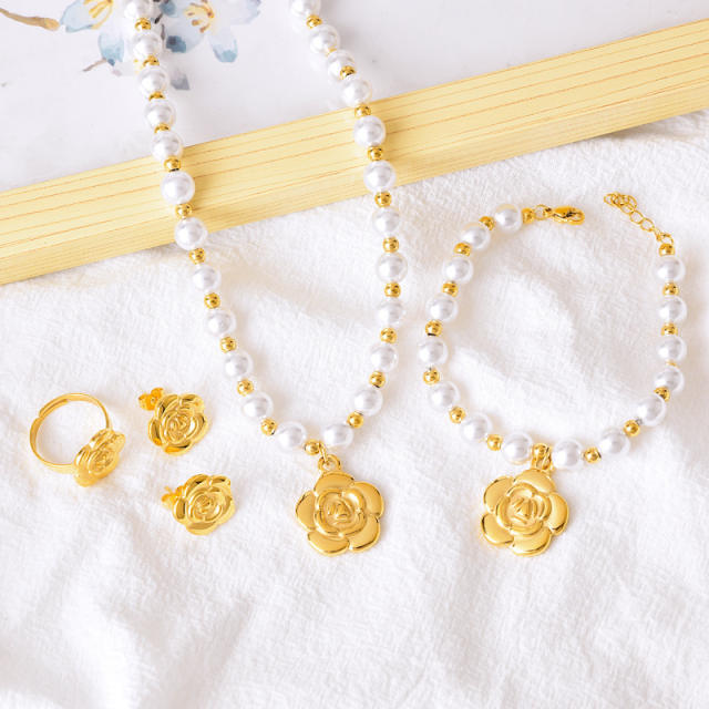 Elegant pearl bead gold color camelia flower charm stainless steel necklace set