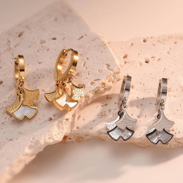 Popular gold silver color mother shell fan stainless steel huggie earrings