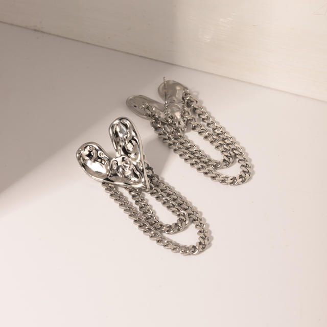 Silver color hammer pattern heart chain tassel stainless steel earrings rings