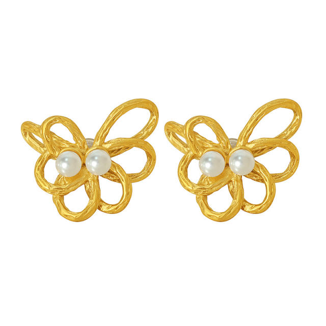 Sweet hollow flower pearl bead stainless steel earrings