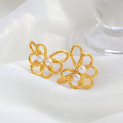 Sweet hollow flower pearl bead stainless steel earrings