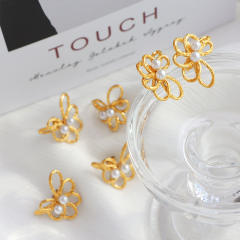 Sweet hollow flower pearl bead stainless steel earrings