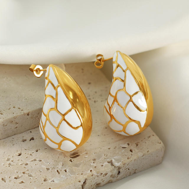 18KG white color enamel water drop stainless steel earrings chunky earrings