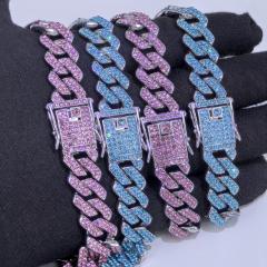 14mm HIPHOP colorful rhinestoen diamond curban link chain necklace for men
