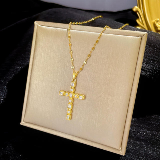 INS dainty diamond cross pendant stainless steel chain necklace