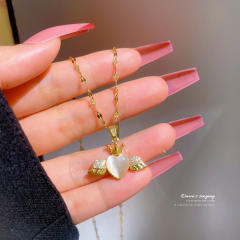 Sweet opal stone angel heart pendant dainty stainless steel chain necklace
