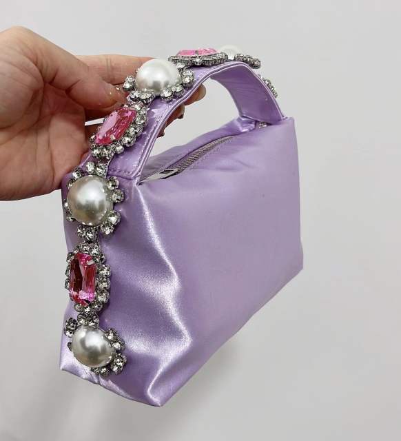 Elegant satin material pearl feather design women clutch evening bag