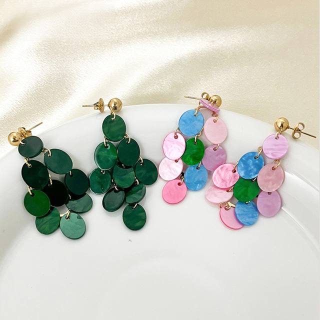 Holiday trend colorful shell round piece tassel stainless steel earrings