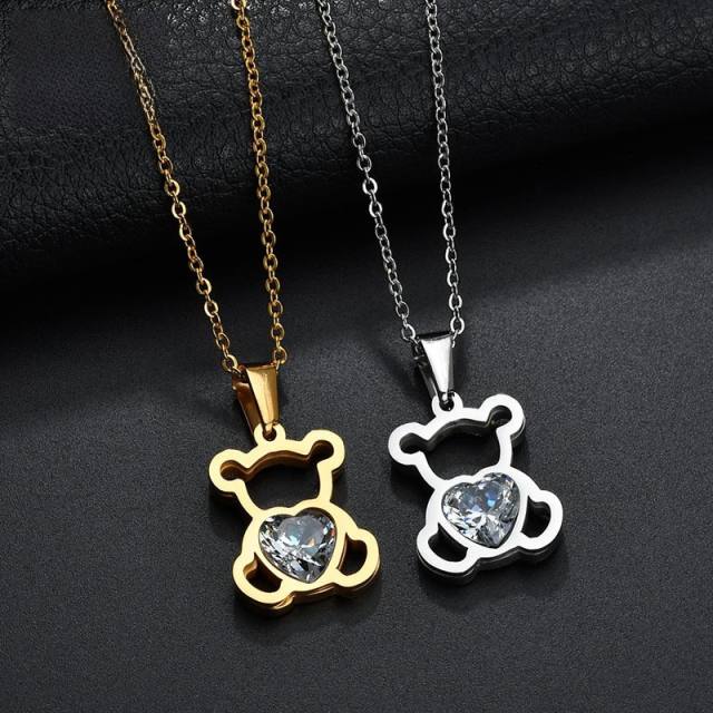 Cute hollow out bear pendant dainty stainless steel necklace