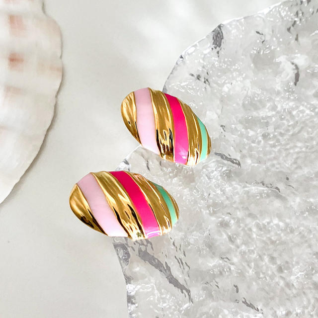 Vintage color enamel striped pattern oval stainless steel studs earrings