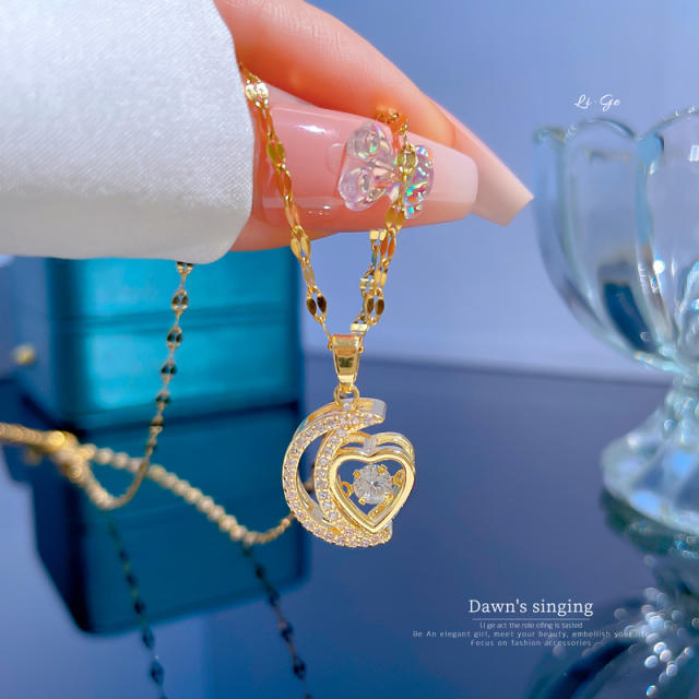 Dainty stainless steel chain diamond moon heart pendant necklace
