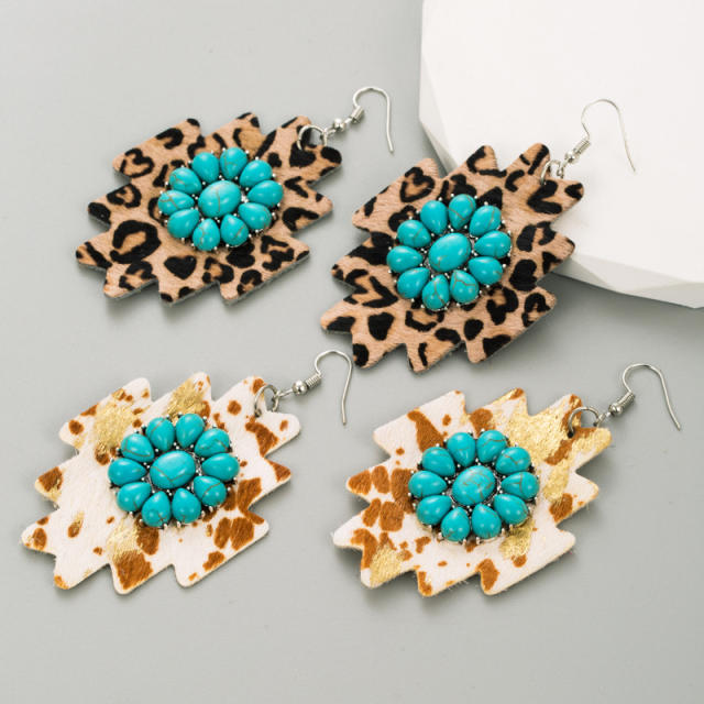 Boho leopard grain pattern vintage turquoise bead earrings