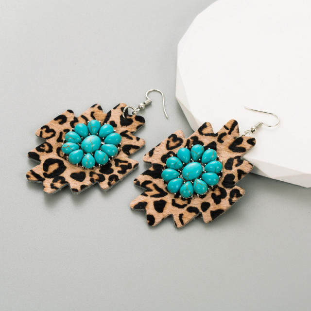 Boho leopard grain pattern vintage turquoise bead earrings