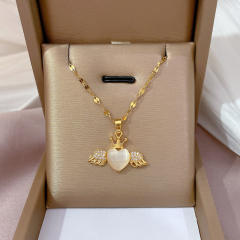 Sweet opal stone angel heart pendant dainty stainless steel chain necklace