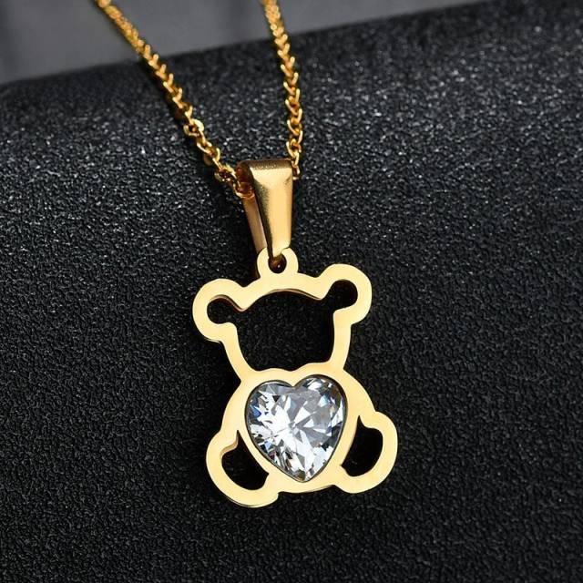 Cute hollow out bear pendant dainty stainless steel necklace