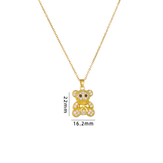 Delicate diamond bear pendant stainless steel chain necklace