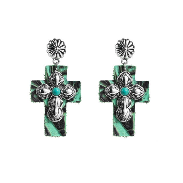 Creative vintage turquoise bead cross shape PU leather earrings