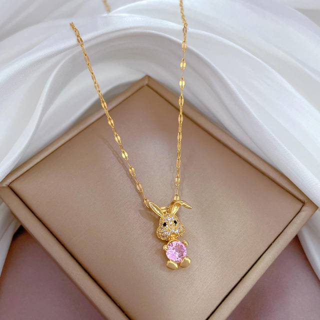 Cute pink cubic zircon diamond rabbit pendant dainty stainless steel chain necklace